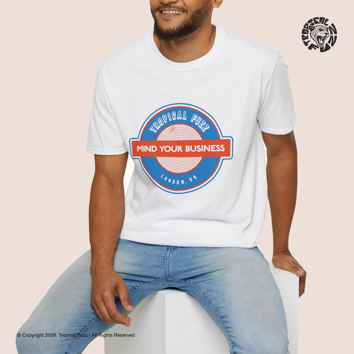 Tropical Fuzz – Mind Your Business – Unisex T-shirt – White – Fairwear Organic Vegan Cotton
